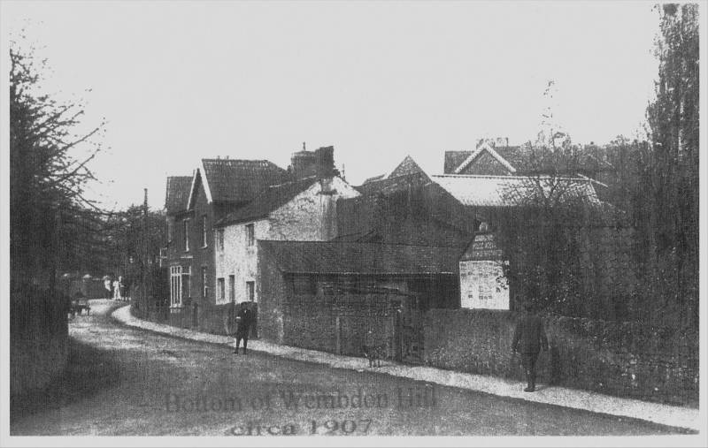 Archive photo of buildings at the bottom of Wembdon Hill circa 1907