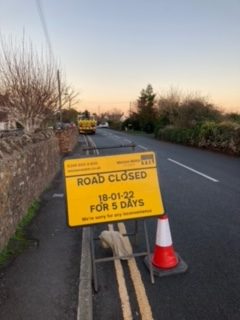 Road closure sign on Wembdon Hill