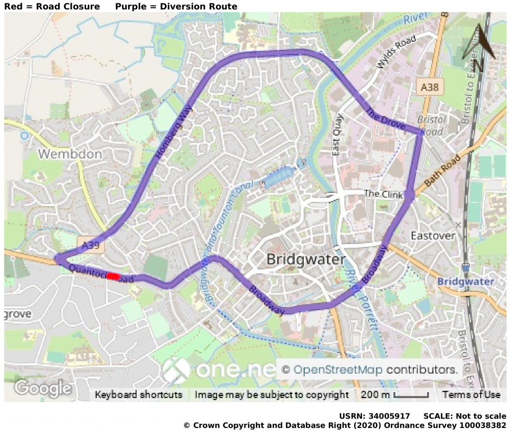 Map showing diversion route while Quantock Road is closed
