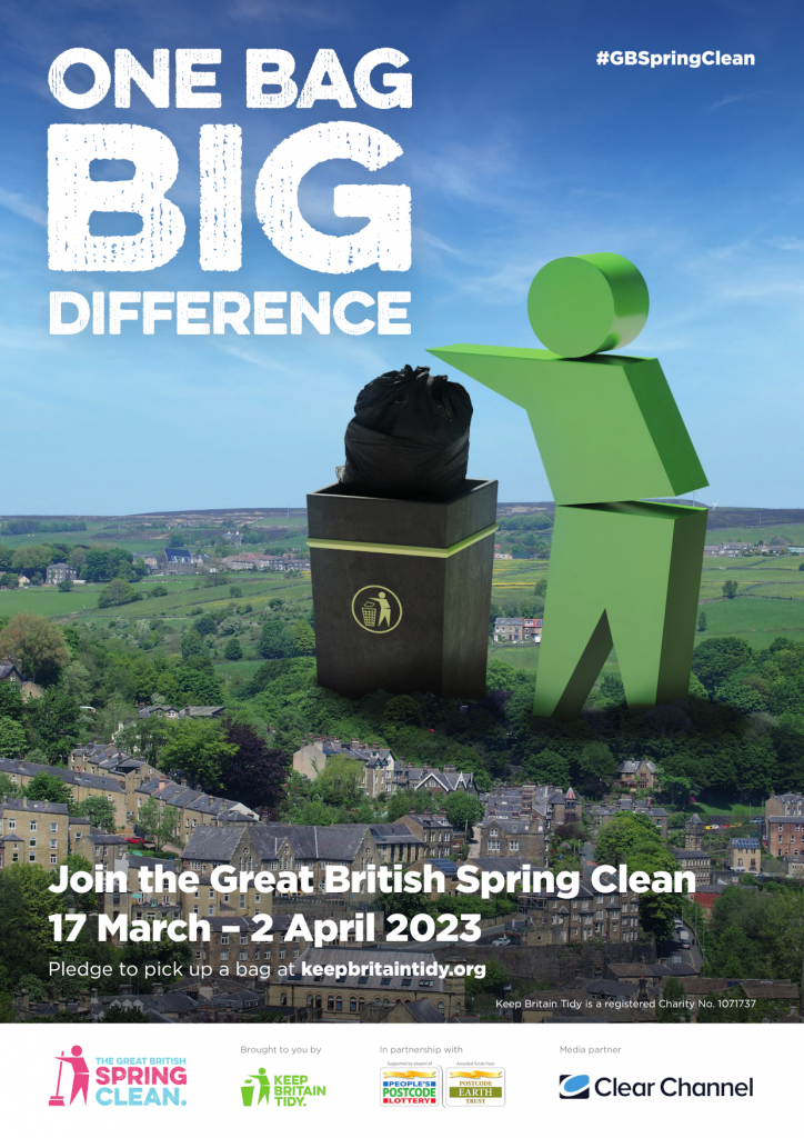 Poster for the Great British Spring Clean. One bag - big difference. Join the Great British Spring Clean 17th March to 2nd April 2023. Pledge to picl up a bag at keepbritaintidy.org