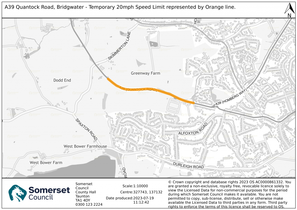 Plan showing extent of temporary speed limit on A39