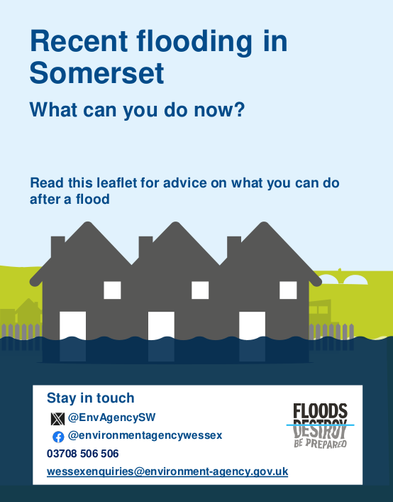 Front page of leaflet: Recent flooding in Somerset. What can you do now? Read this leaflet for advice on what you can do after a flood.
