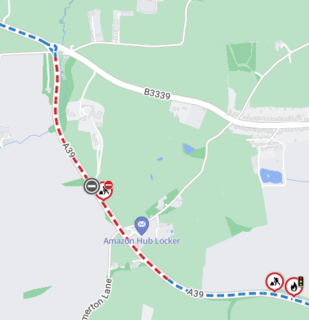 Map showing A39 Quantock Road closure